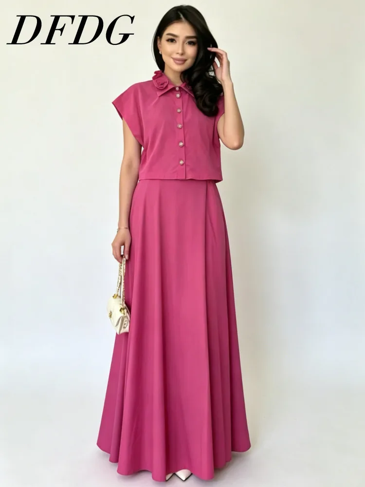 

DFDG Women 2026 Spring Summer Floral Collar Two Piece Outfit Short Sleeve Top High Waist Flowy Maxi Skirt Elegant Casual Set