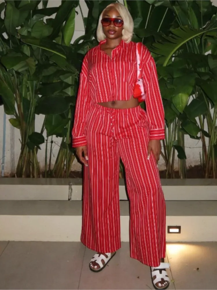 

Casual Striped Short Shirt Pants Two-piece Sets Women Lapel Long Sleeve Button Loose Lace Up Trouser 2025 Autumn Lady Outfits