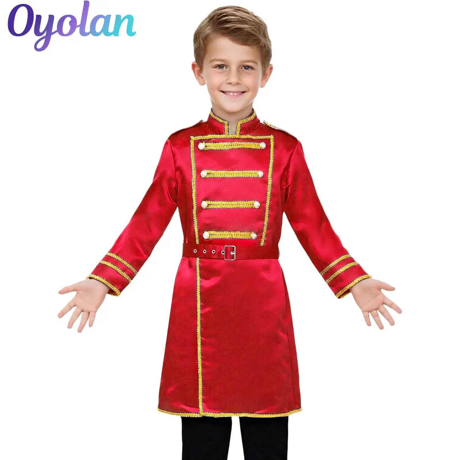 

Boys Medieval Renaissance Halloween Cosplay Marching Band Party Costumes Drummer Royal Guard Long Jacket Outwear with Waist Belt
