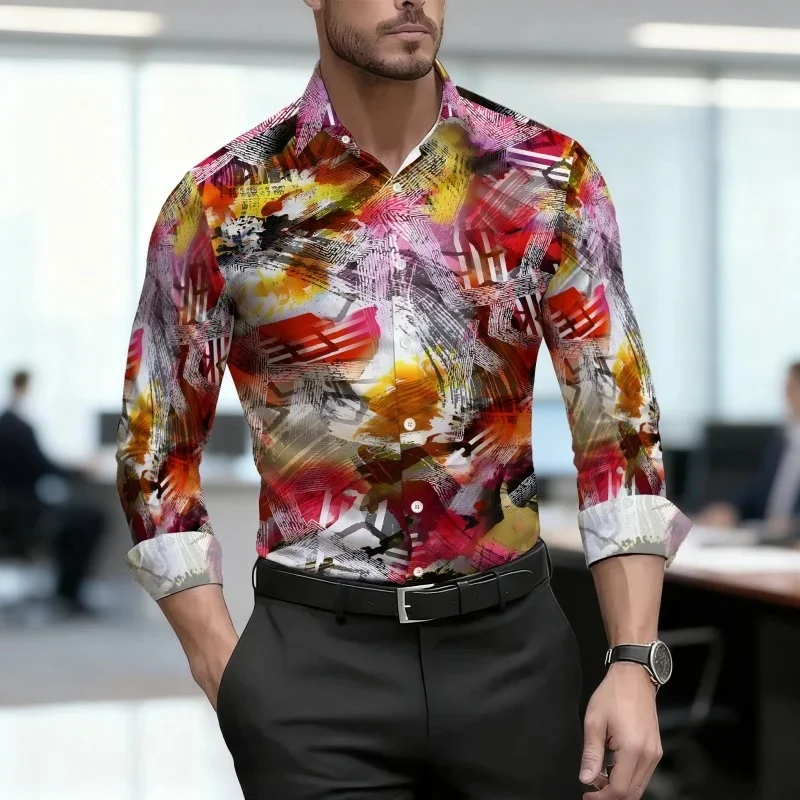 Men's shirt, personalized contrasting color abstract printed shirt, trendy artistic style, long sleeved lapel shirt, casual top