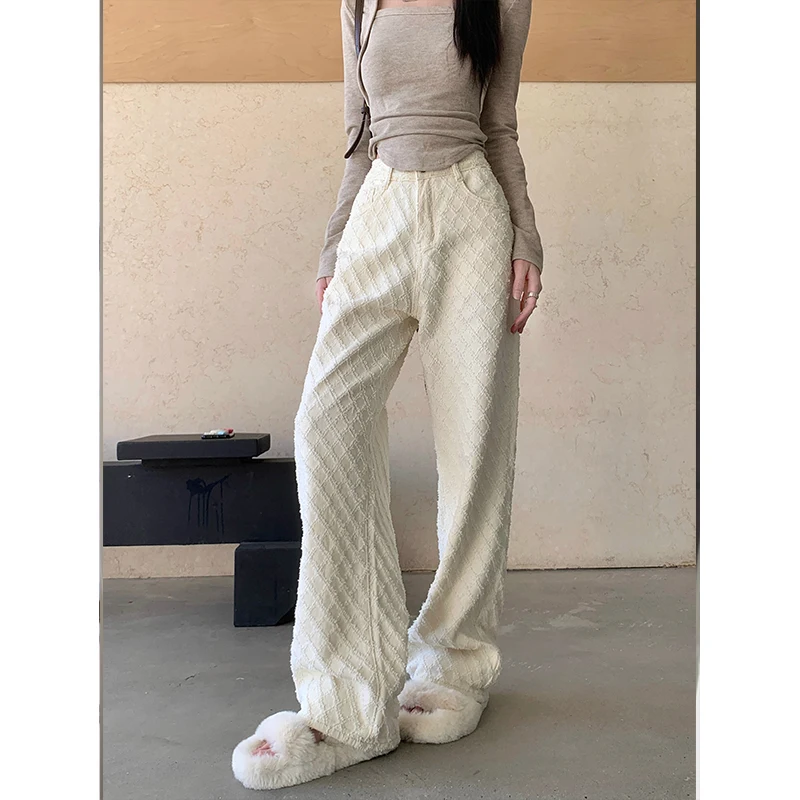 

2024 Jeans High Waist Spring Wide Leg Pant Women Loose Pleated Korean Modis Fringe Patchwork Plaid Ladies Trousers Casual Pants