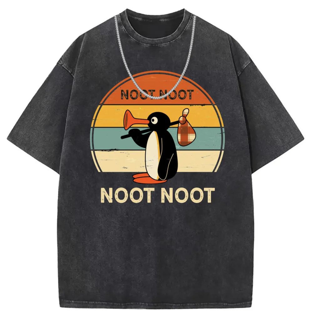 Noot Noot Pingu Tshirt Cute Mens Sweatshirts Printed Tshirt Washed Long Sleeve Customized Vintage Ostern Day New Tshirt