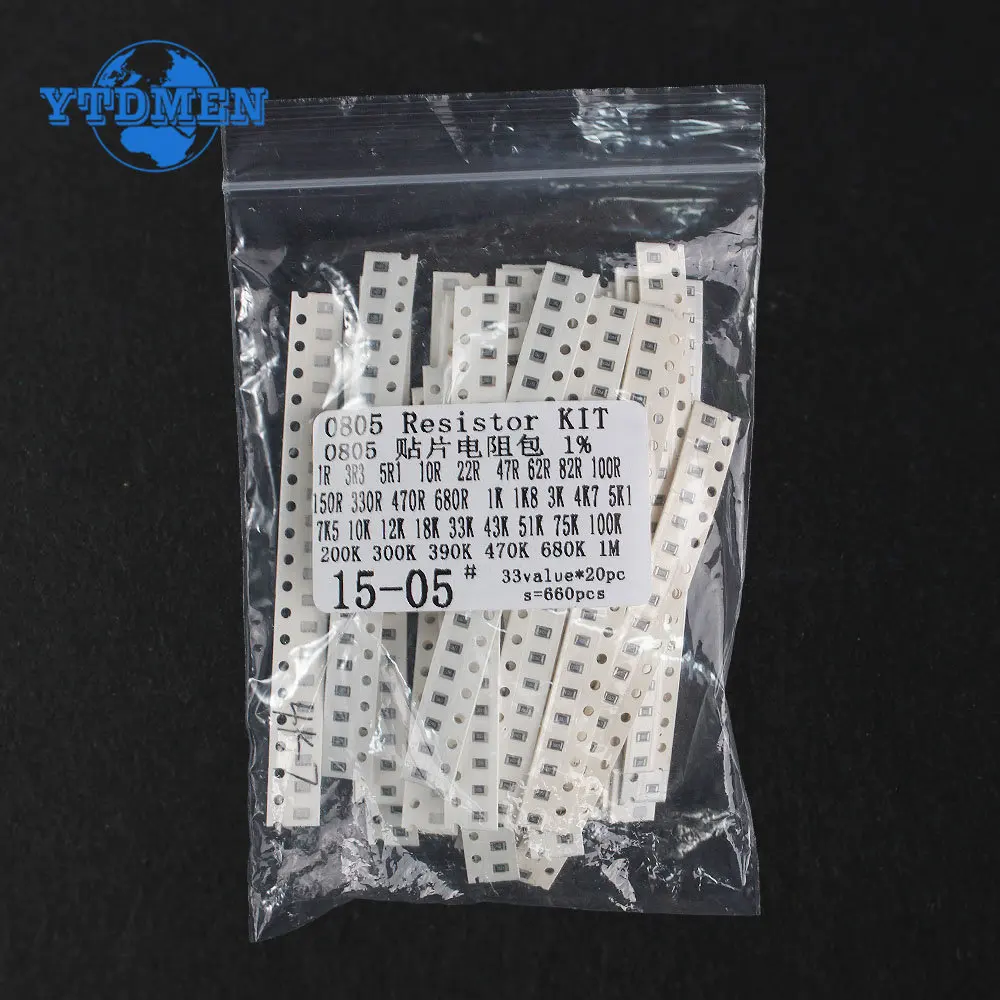 660PCS SMD Resistor 0805 1206 0603 1210 Chip Resistor Assorted Kit 1% 1 Ohm ~ 1M 33 Values*20pcs=660pcs Diy Electronic Kit