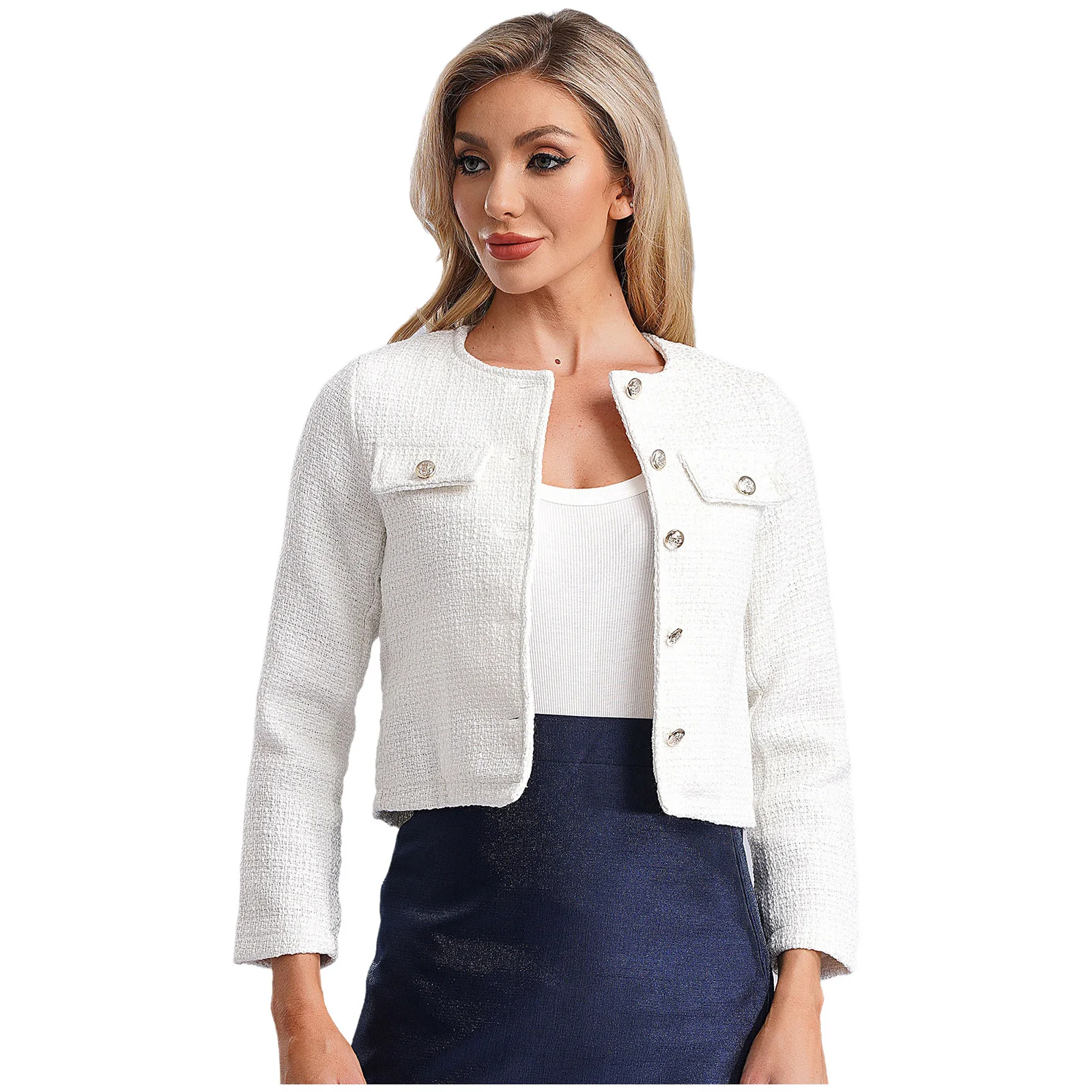 Women Fashion Jacket Elegant Long Sleeve Cropped Jacket Coat OL Lady Outerwear for Work Office Business Party Evening Shrug