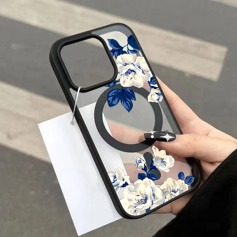 Funda magnética transparente con patrón de rosa blanca de noche para iPhone 17 16 15 14 13 12 Pro Max 15 16 Plus 17 Air 11 2