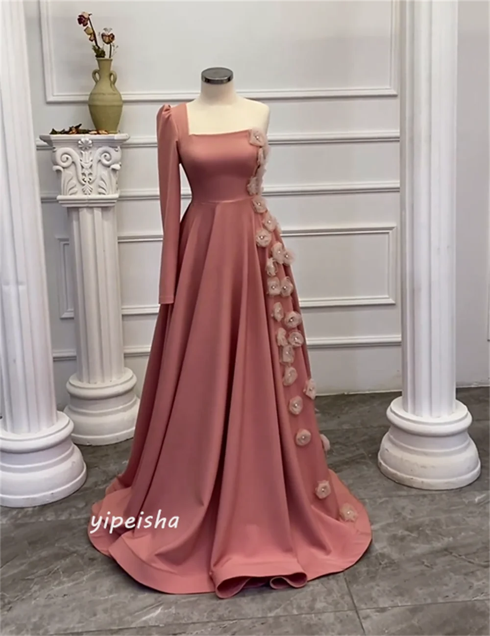 Vestido de baile com flores drapeadas, vestido de noivado, linha A, um ombro, ocasião personalizada, vestidos longos, Arábia Saudita Vestidos de noite