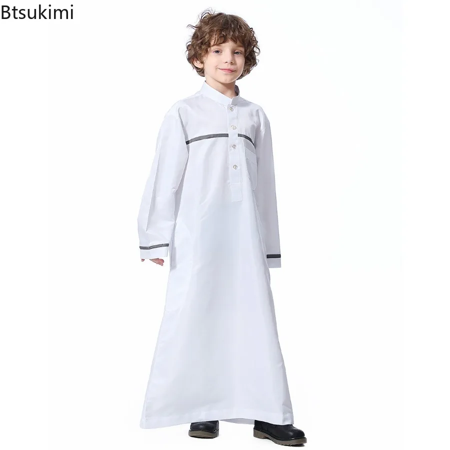 2025 Mid East Arab Muslim Boys Clothes Kids Abaya Caftan Long Sleeve Stand Collar Robes Islamic Ramadan Clothing Children Kaftan