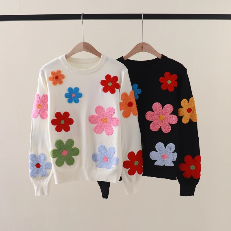 

Autumn and Winter New Colorful Flower Flocking Embroidery Round Neck Long Sleeve Knitwear Loose and Slim Underlay Sweater for Wo