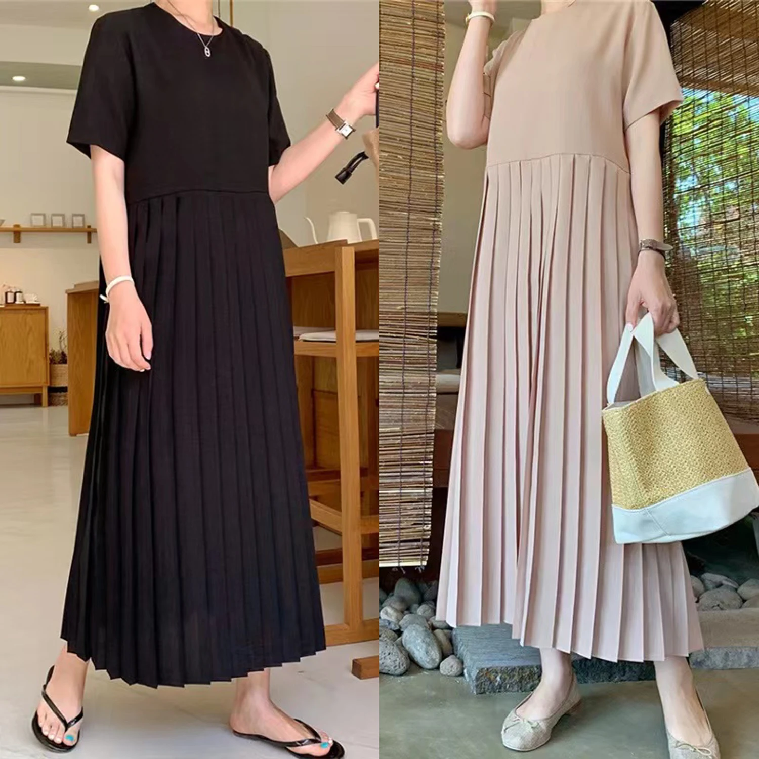 

Summer 2024 Women's Loose Slimming Short Sleeve Chiffon Pleated Dress Casual Long Knee-Length Maxi Dress Korean Style