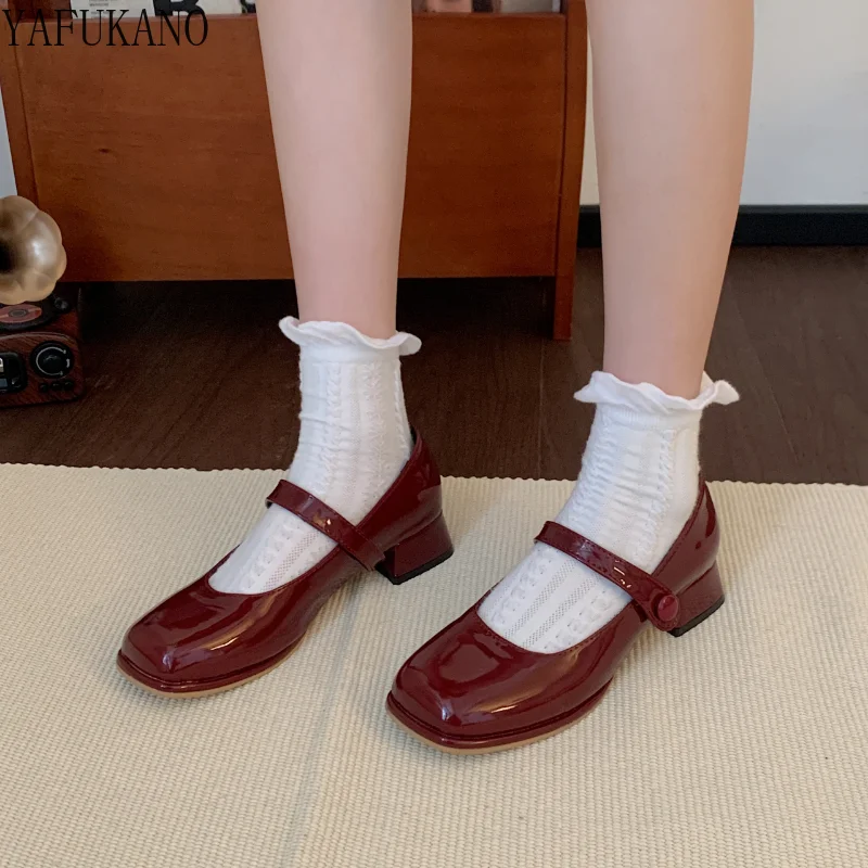 Thick Sole Leather Shoes 2024 New Retro Shallow Wine Red Square Toe Chunky Heels Mary Jane Single Shoes Casual High Heels