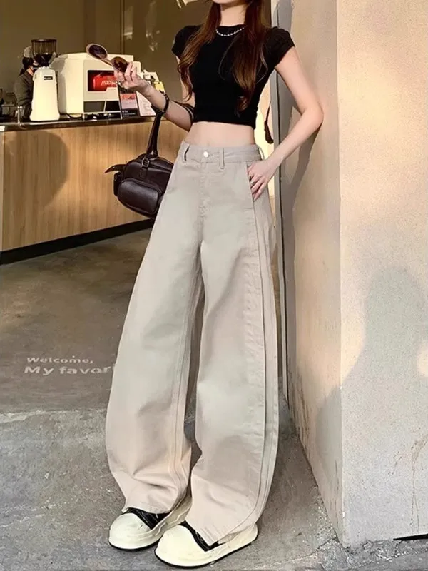 

Джинсы с высокой талией и широкими штанинами, женские летние большие размеры, универсальные повседневные длинные брюки с грушевидным вырезом