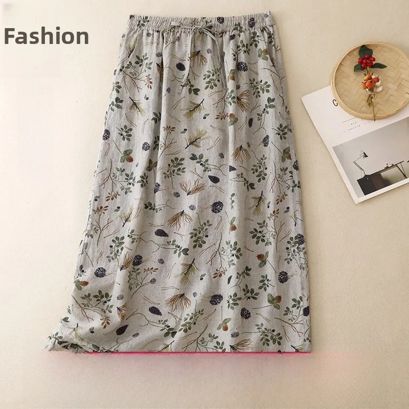 

Artistic Style Cotton Linen Half Skirt with Print Elastic Waist Back Split Versatile Thin Skin Friendly Women's Midi Skirt