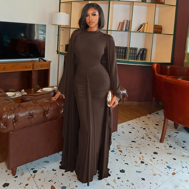 

Elegant Sexy Backless Long Sleeve Dress with Sashes Mesh Long Shawl Two Piece Set Women's Casual Sportswear Autumn 2025