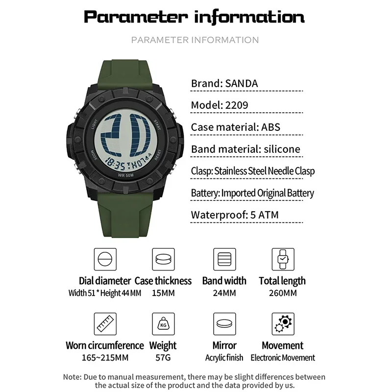SANDA حار بيع الرجال الرياضة الإلكترونية ووتش سيليكون حزام الأزياء للماء 50 متر رفع ضوء المتداول شاشة ساعة رقمية