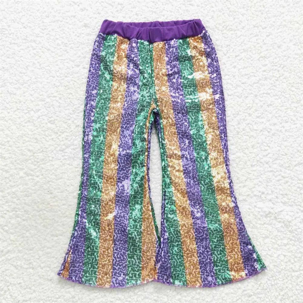 

Wholesale Baby Girls Sequins Soft Green Purple Stripes Children Bell Bottoms Pants Clothes Kids Boutique Mardi Gras Clothing