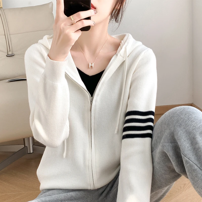 Women Cashmere Hooded Double Zip Cardigan Sweater Cardigan TB 2022 Knitted Spring Autumn New Fashion Top