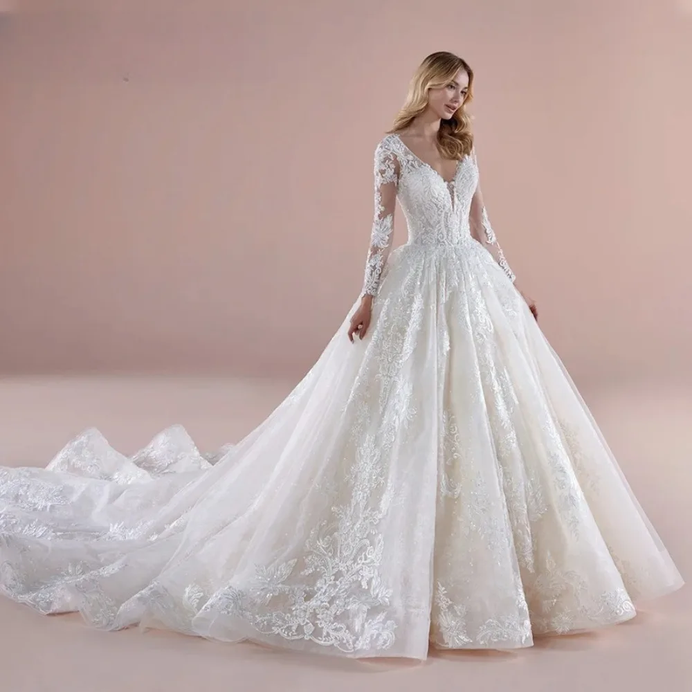 Customized Decal Long Sleeved Lace Wedding Dresses V-neck and Large Tail Ruffled Edges Elegant Bride 2026 New Style Back Strap