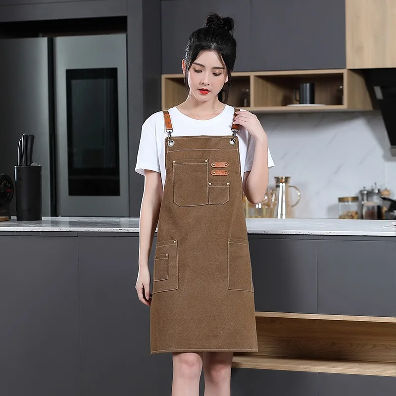 

C806 Hanging Apron Drawing Coffee Shop Baker High-end Apron Logo Unisex Canvas Work Apron Cream Manicure Apron