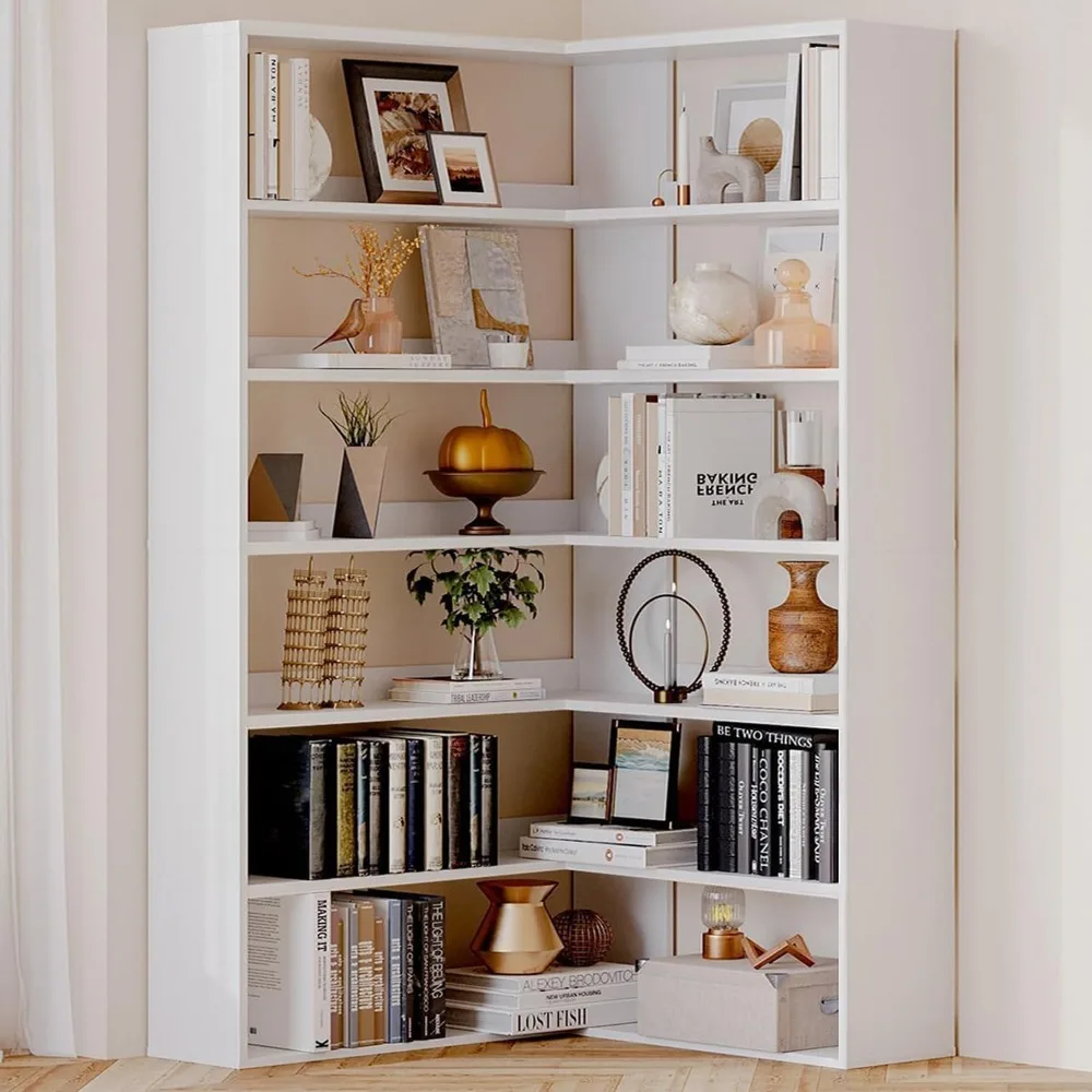

Bookcase 6 Tiers with Baffles, 35.2" Large Corner Bookshelf, Storage Display Rack for Living Room Home Office, White