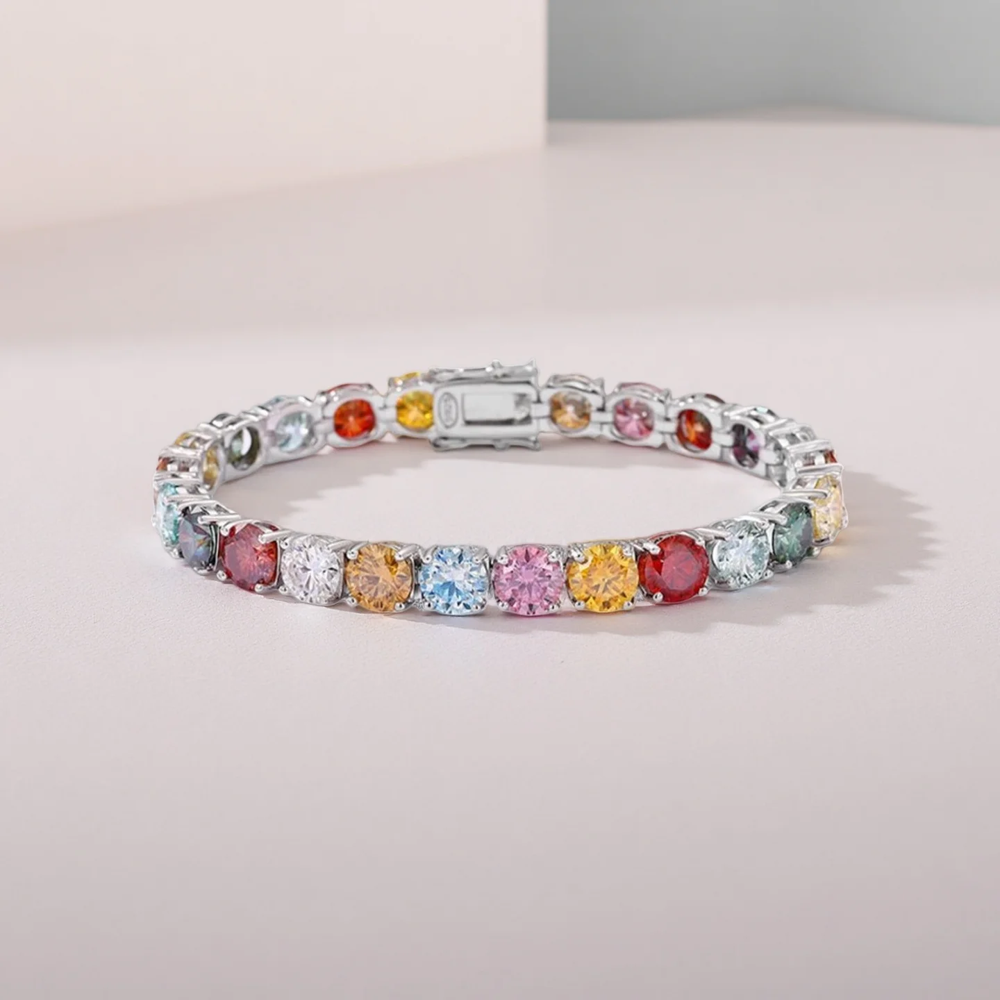 Rainbow Moissanite Tennis Bracelet 925 Sterling Silver Colorful Stackable Party Gift for Women