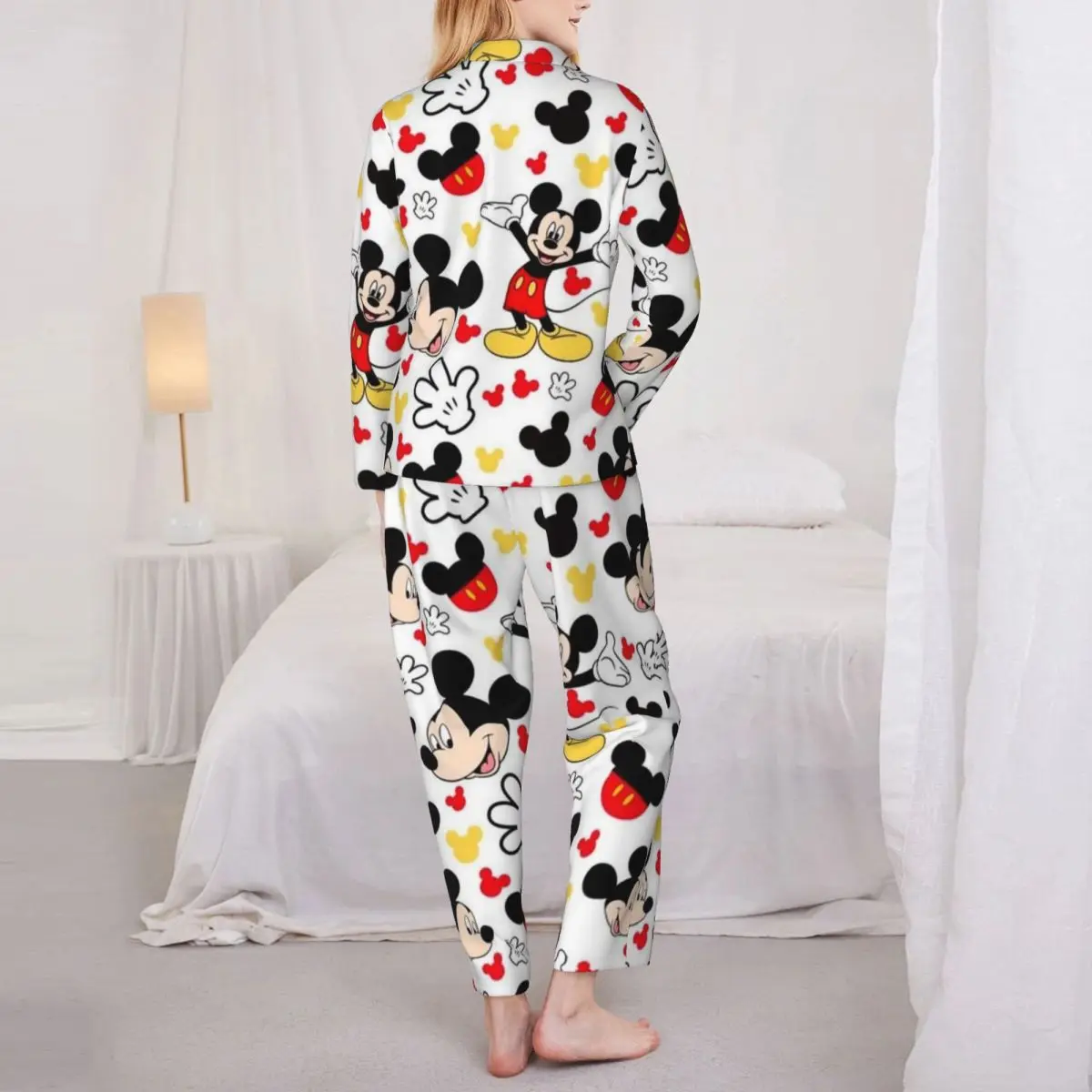 Disney Mickey Mouse Women\'s Pajamas Set Button Down Pajama 2 Piece Suit Pyjama Femme Nightwear Loungewear