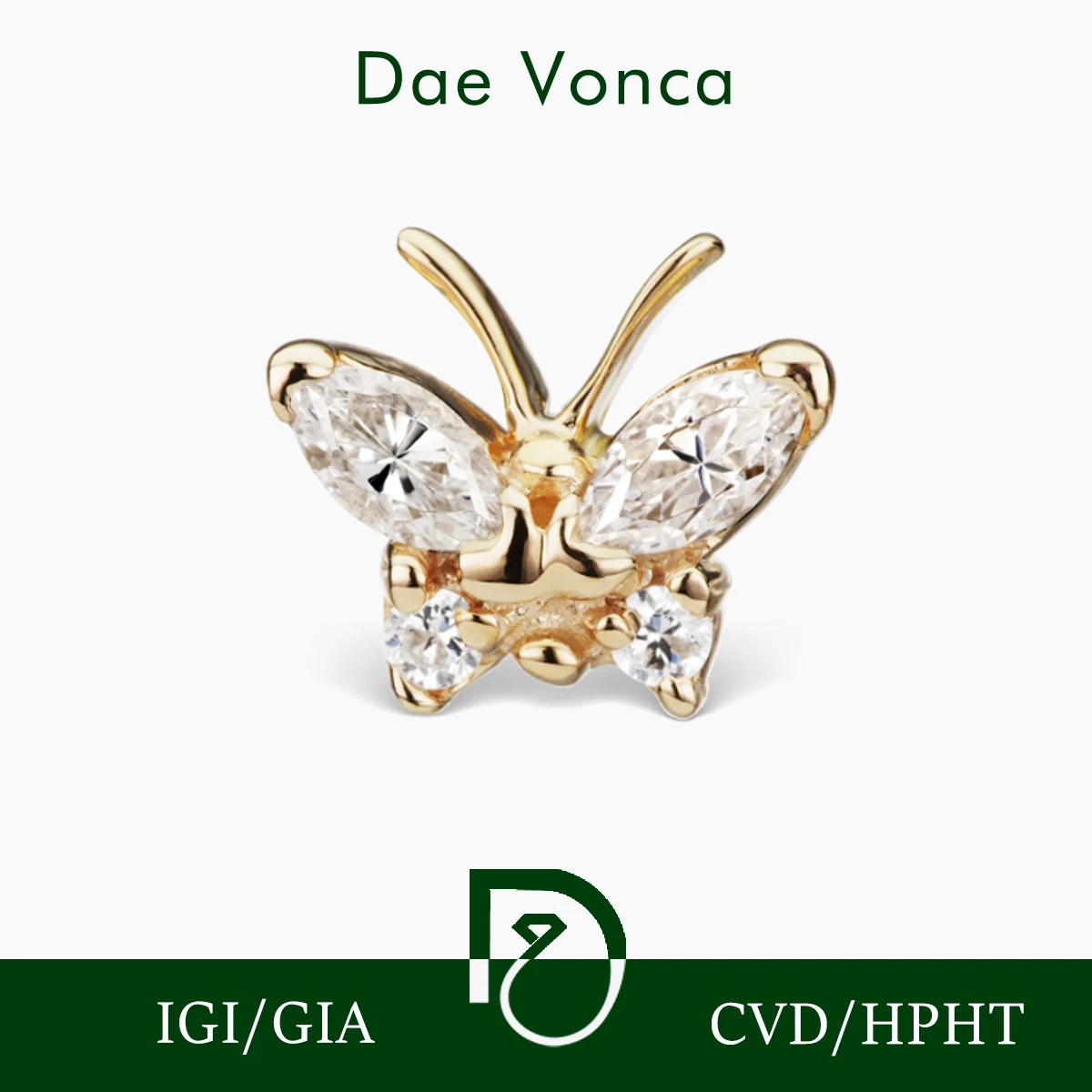 Butterfly Shaped Lab Created Diamond Single Earring Round and Marquise Cut Lab Diamond Earring 9K/14K/18K Solid Gold Earring