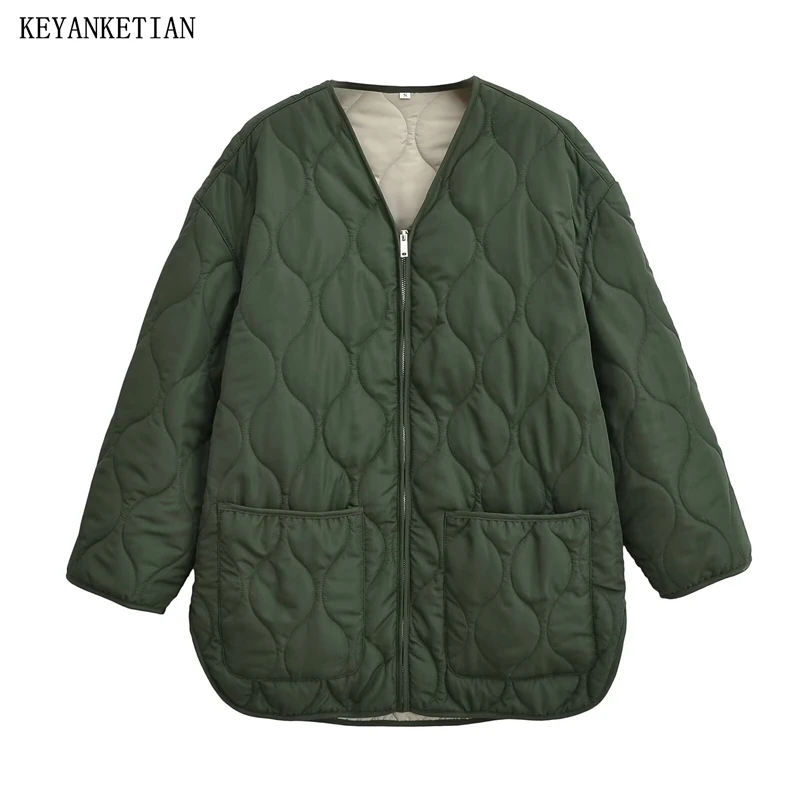 KEYANKETIAN 2024 Autumn/Winter New Women's Dark Green Quilted Cotton Jacket Unisex style Oversize Zipper Thin Outerwear Blazer