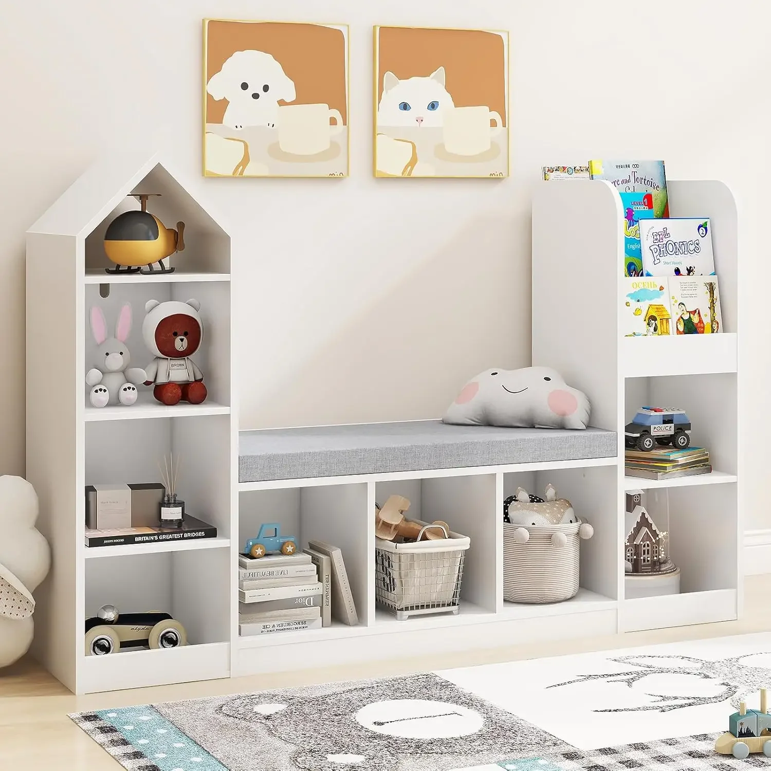 Bookcase and Bookshelf with Reading Nook, Toy Storage Organizer for Kids, White Bookcase with 9 Storage Cubbies and Seat Cushion