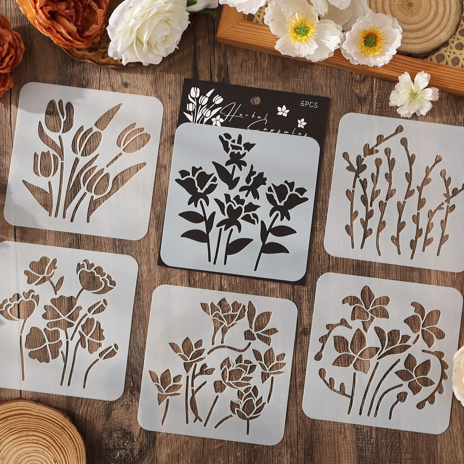 Flower and Plant Hollow Stencil for Spray Painting and Coloring PET Art Template 6sheets/pack