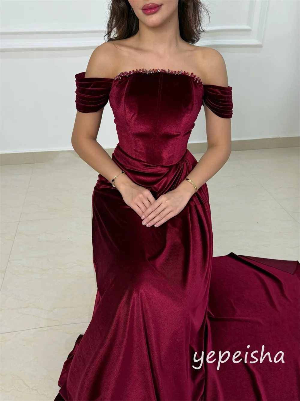 Customized Burgundy Velour Pleat Ruched Draped Rhinestone A-line Off-the-shoulder Long Dresses Evening Dresses Sizes Available