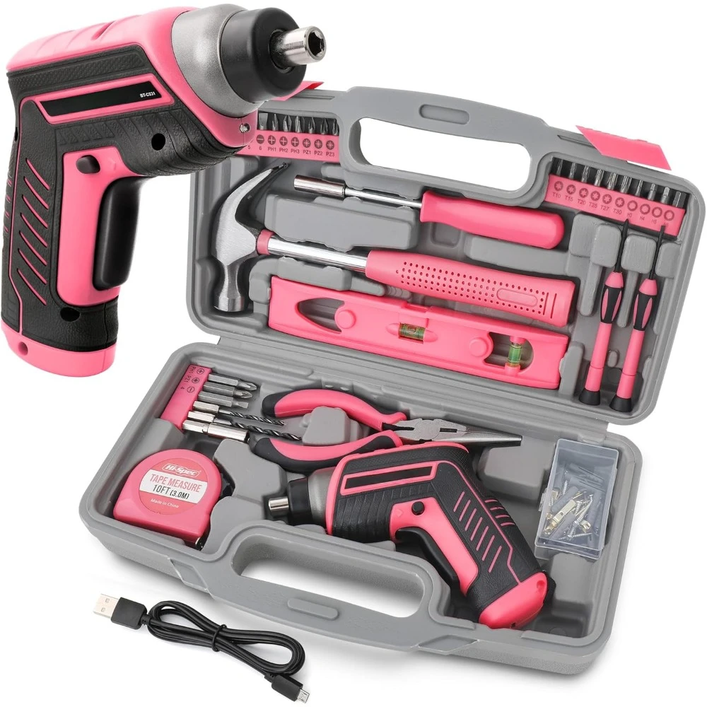 

35pc Pink tool kit with 3.6V USB Electric Screwdriver and drill set. Complete women tool set