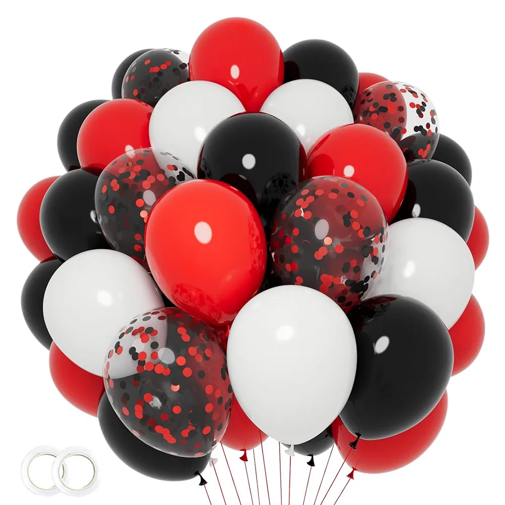 

40 Pcs 12 Inch Black Red White Confetti Latex Balloons for Birthday, Wedding, Baby Shower, Graduation Poker Card Party