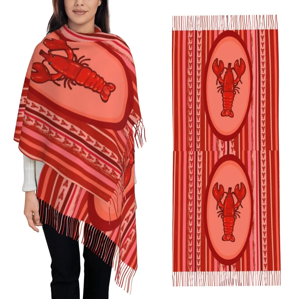 

Акварельный красный шарф-лобстер, шарфы с кисточками для женщин, мягкие теплые шали и накидки, большая осенне-зимняя шаль