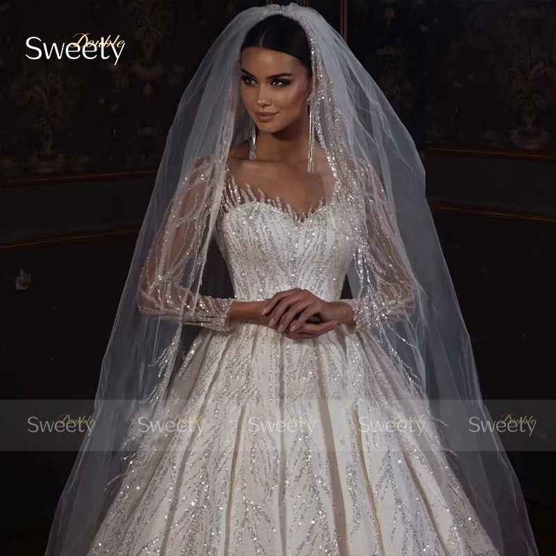 Luxurious Wedding Dress Beading With Satin Ball Gown Full Sleeve O-Neck Bride Dress Customized Robe De Mariee Graceful Glitter