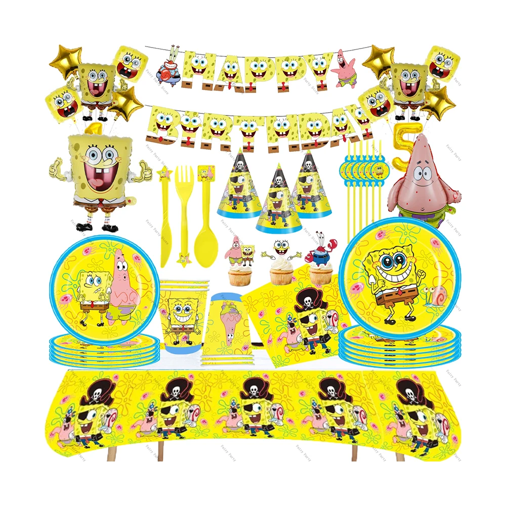 KAYOU Bob l'Ă©ponge SquarePants fournitures de dĂ©coration de fĂȘte Ă thĂšme ensemble de vaisselle de fĂȘte jetable dĂ©coration Festive ballons de fĂȘte