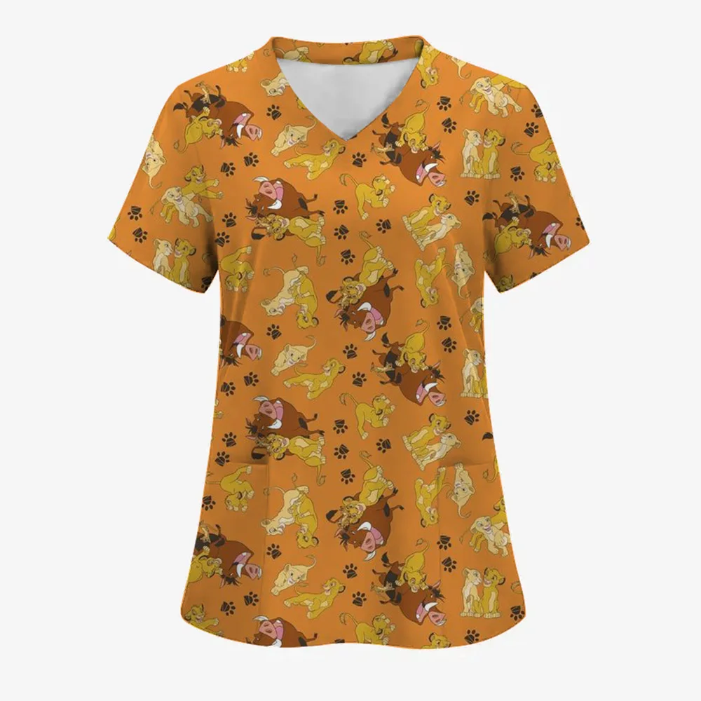 المرأة العمل موحدة طباعة الكرتون الأسد الملك قصيرة الأكمام الخامس الرقبة القمم فام بلوزة ممرضة ملابس العمل الزي الطبي