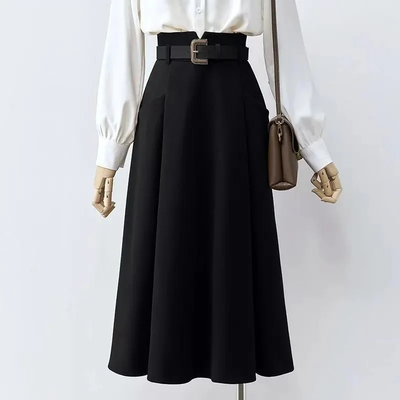 Autumn Women Fashion Thick Solid Color Long Skirt French Ladies High Waist Maxi Skirt Winter Female Mid Length Woolen Skirts