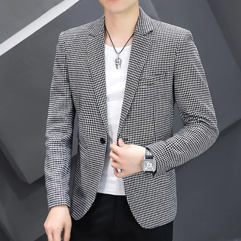 The new checkered loose suit for men is stylish and handsome with a slim autumn and winter wool suit and a single west jacket