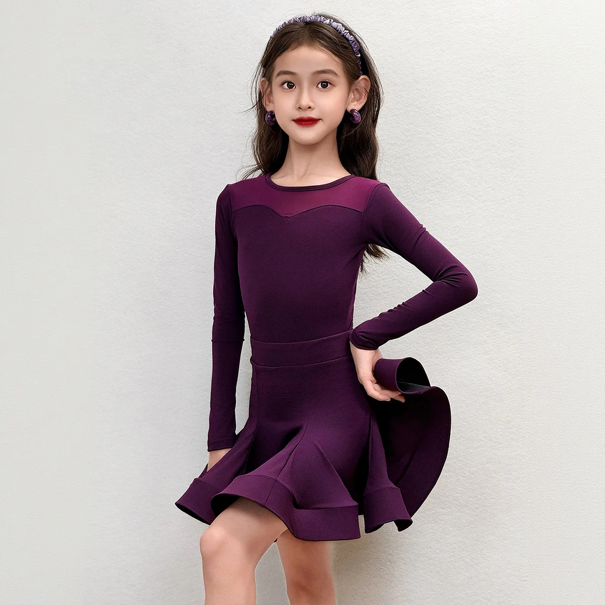 Kids Girls Purple Red Long Sleeve Leotard and Fishbone Swing Skirt Children's Latin Dance Costumes Practice Dancewear