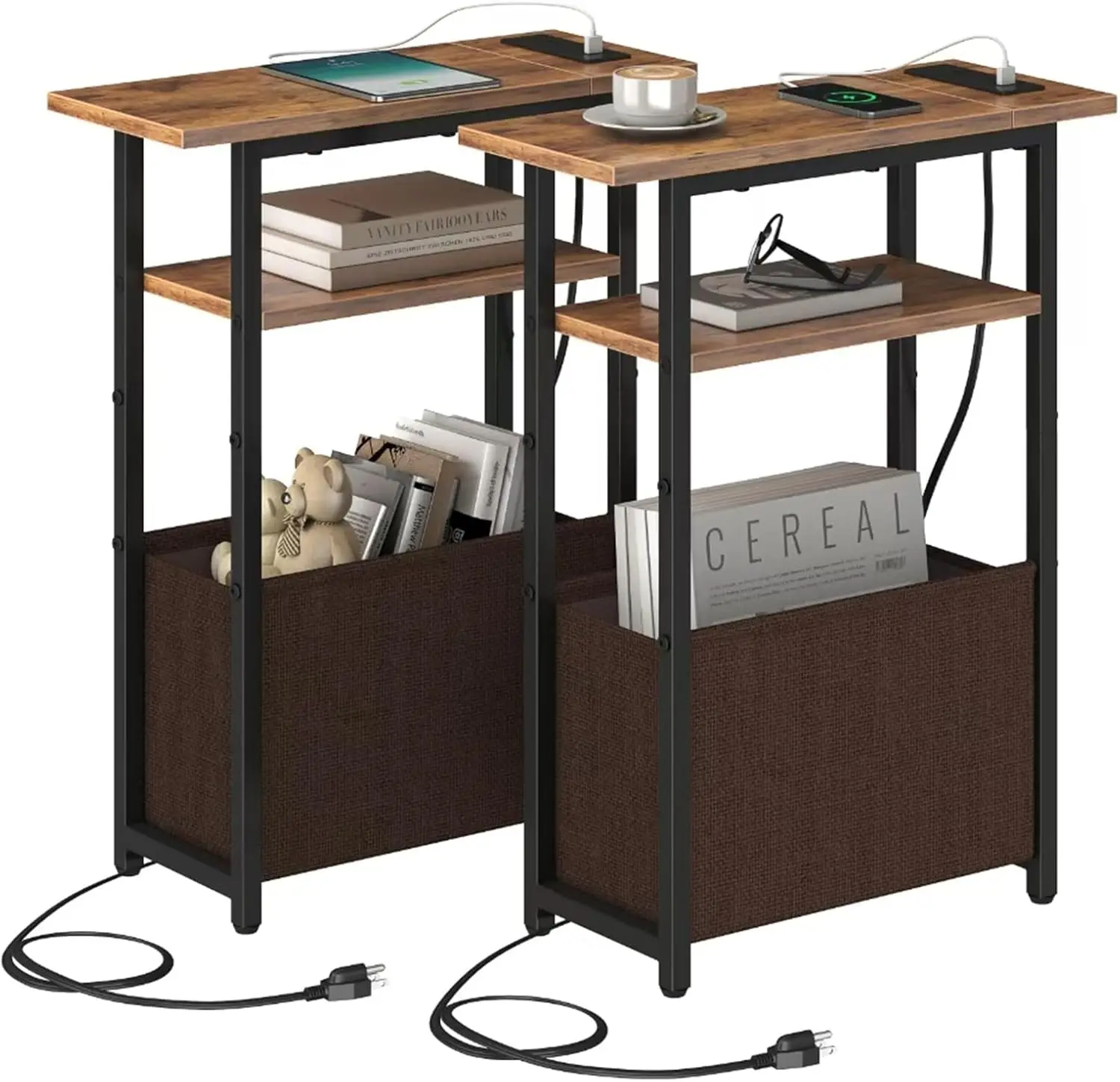 

Narrow Side Table With Charging Station Set Of 2, Small End Table For Small Spaces, Skinny Nightstands Set 2 With Storage