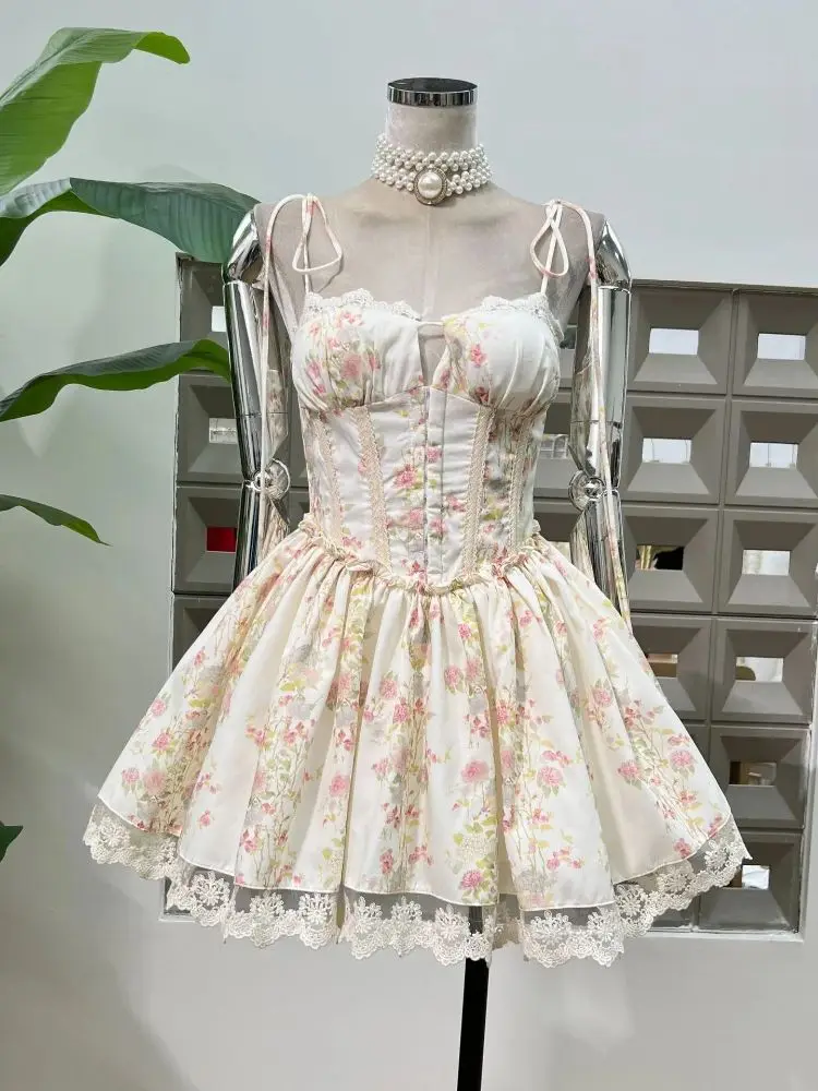 

2025 New Fashion Summer Lace Stitching Print Tie Short Dress Sleeveless Women's Casual Seaside Holiday Mini Dresses Vestido