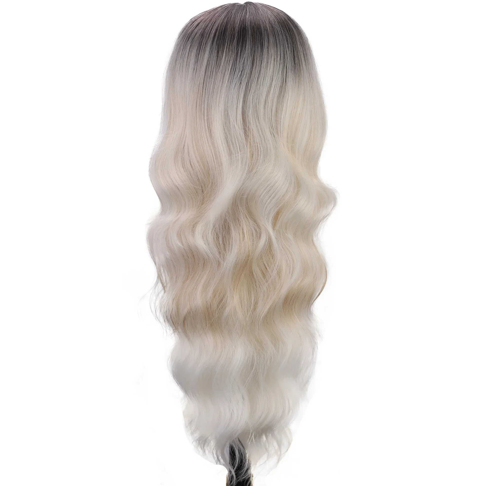 Women's Long Curly Hair Middle Part Gradient Color Front Lace Wig Long Curly Bangs and Long Hair Body Wave Blonde Wigs