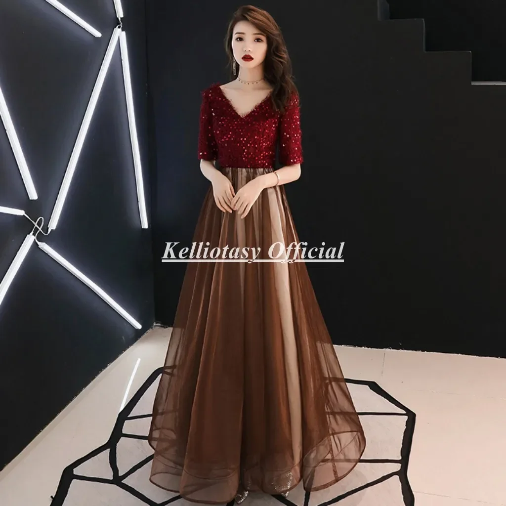 

Индивидуальные бордовые и коричневые платья для выпускного вечера с двойным вырезом, свадебное платье Aline с рукавами AFS003