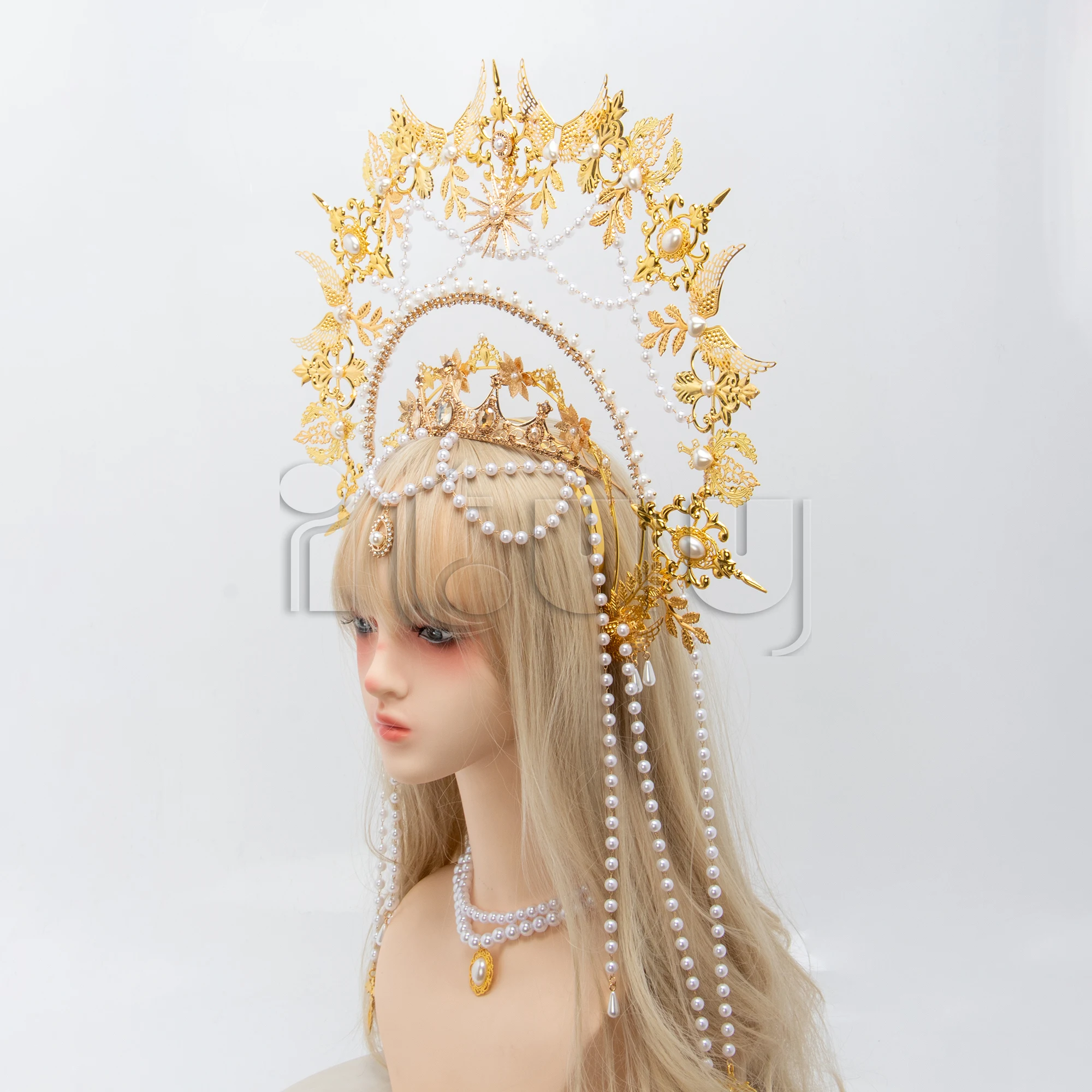 Sun Goddess Angel KC Halo Crown Headpiece Queen Anna Baroque Pearl Tiara Headband Lolita Collection Gothic Accessories