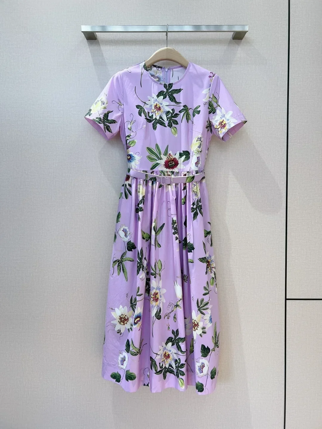 

Cotton Purple Floral Leaf Print Short Sleeve Tighten Waist Midi Dress 2024 New Arrival Spring Summer High Quality Clothing