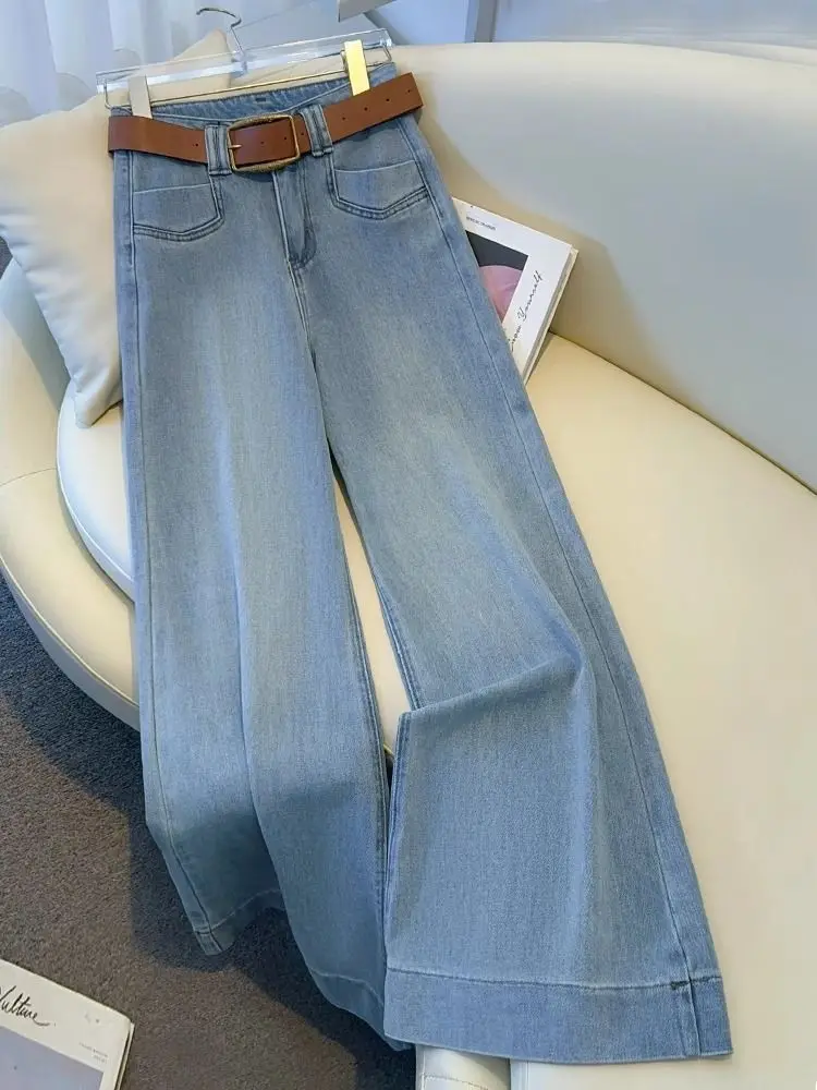 

2025 Minimalist Women's Mom Jeans American Retro Casual Washed Ripped High Waist Light Blue Straight Nine Point Long Jeans Wh3