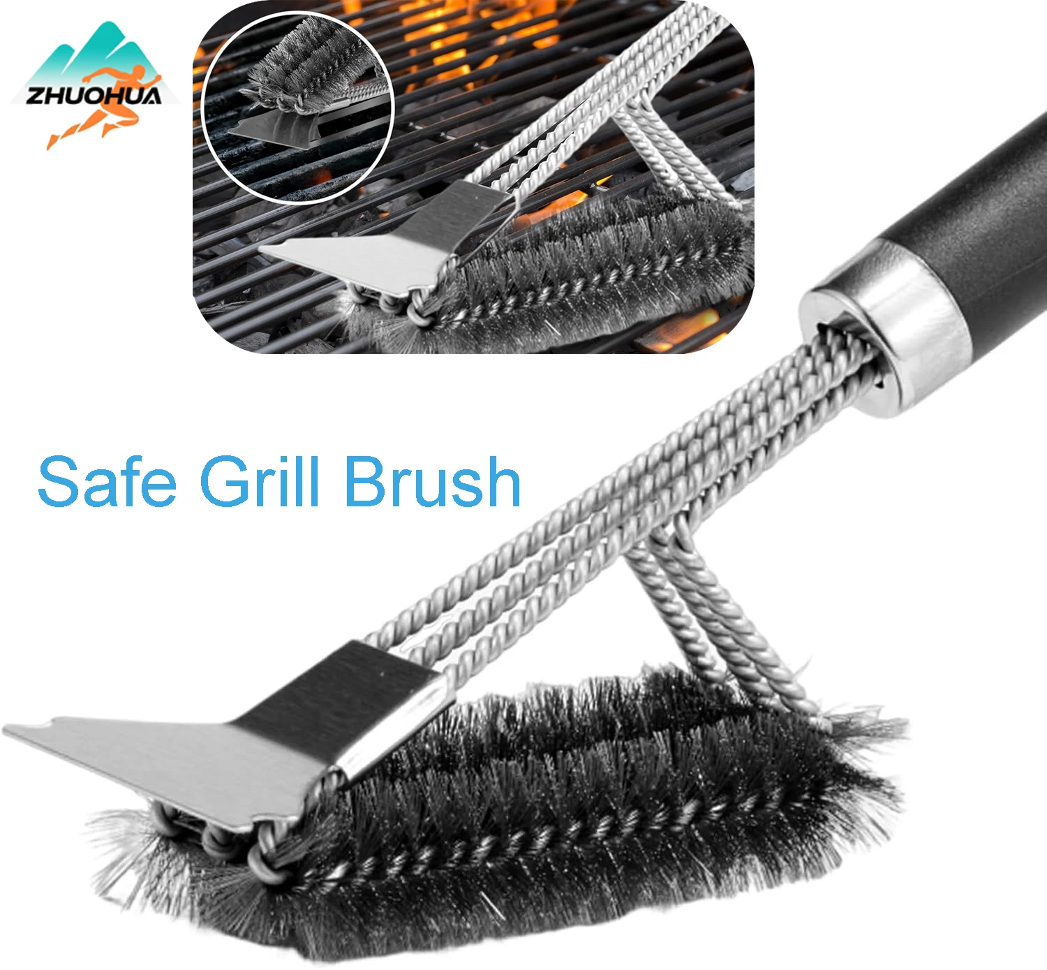 

ZHUOHUA Safe Grill Brush&Scraper,Handle BBQ Cleaning Brush with Stainless Steel Bristles,for Outdoor Grill Grate Cleaner