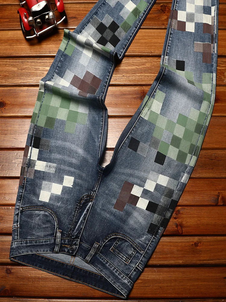 Jeans masculino estampado em mosaico, calça jeans fina, justa e de perna pequena, com design elegante e elástico, casual e bonito, verão