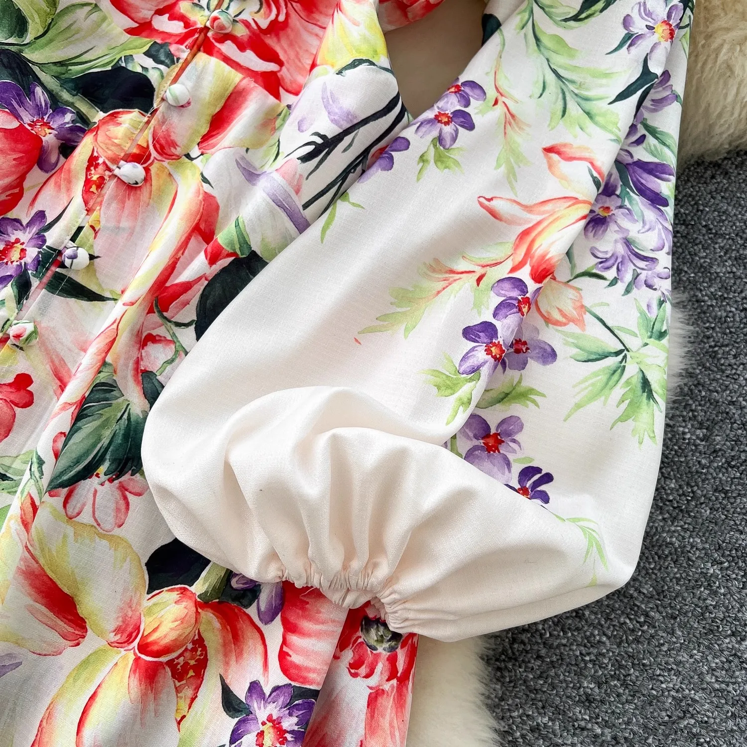 French Holiday Flower Maxi Robe Dress Women's Sexy V Neck Long Lantern Sleeve Single Breasted Floral Print Slim Boho Vestidos