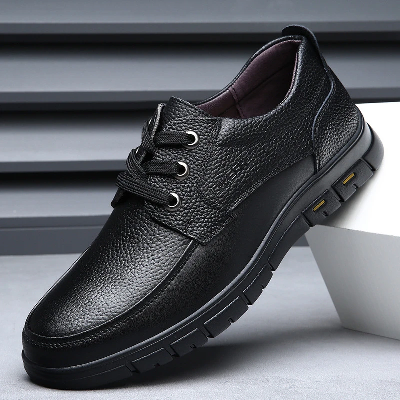 Mens Black Genuine Leather Lace Up Casual Shoes Soft Sole Comfortable Business Casual Footwear For Middle Aged Dad Non-slip